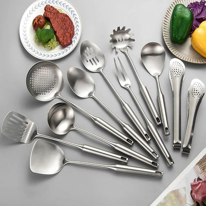 304 Stainlss Steel Kitchen Utensils Set, 11 Pcs Long Metal Cooking Utensil Gadgets Tools Set with Spatula, Ladle, Spoon, Ladle, Skimmer, Tunner, Pasta Server, Tongs(Silver, Dishwasher Safe)
