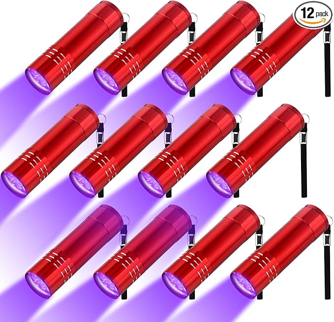 Riakrum 12 Pieces UV Blacklight Flashlights LED Handheld Mini Light Flashlight Small Portable Detector 395nm 9 LED Light for Pet, Carpet Dry Stains Detection, Spot Scorpions, Resin Curing(Red)