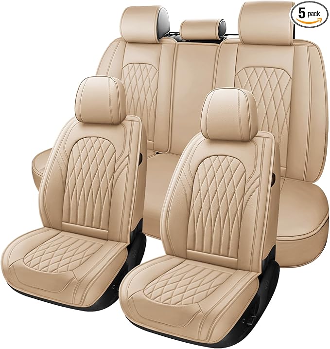 WELLDO Nappa Faux Leather Car Seat Covers Full Set, 5Seats,Beige | Waterproof, Non-Slip Seat Protector, 0.28in Thickened Cushion, Airbag Compatible, Universal for Cars SUV Truck Pickup