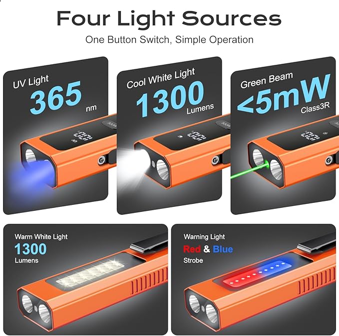 EDC Flashlight 4 in 1 Pocket Magnetic Slim Flat Flashlight High Lumens Work Light with Green Beam & UV Light & Warning Light Combo EDC Rechargeable LT-010 (Orange Color)