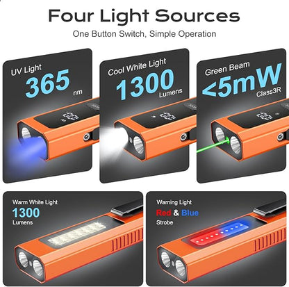 EDC Flashlight 4 in 1 Pocket Magnetic Slim Flat Flashlight High Lumens Work Light with Green Beam & UV Light & Warning Light Combo EDC Rechargeable LT-010 (Orange Color)