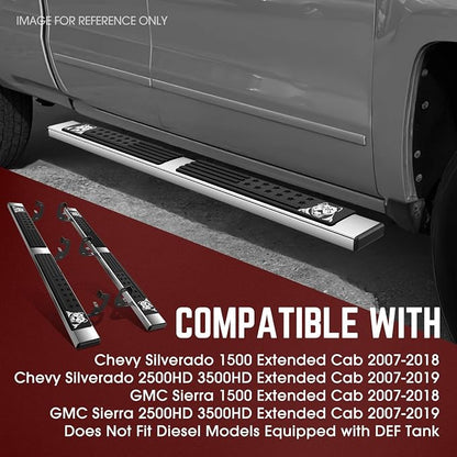 DNA Motoring 6 Inch Running Boards Compatible with 07-18 Chevy Silverado/GMC Sierra 1500 07-19 2500HD 3500HD Extended Cab, Stainless Steel Side Steps Nerf Rails Bars, Bulldog Textured, STEPB-DS-0005