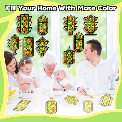 QOUBAI 32 Sets Traffic Light Suncatchers Craft Kit DIY Window Stained Glass Effect Traffic Lamp Paper Crafts Home School Classroom Decoration Kid Birthday Gift Creative Art Project Activity Game