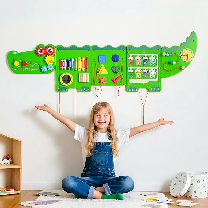 Crocodile Sensory Toys Activity Wall Panels - Montessori Busy Board, Toddler Learning Panel, Wall-Mounted Playroom/Daycare Educational Toys, Interactive Wooden Gift for Kids 3-6, Green