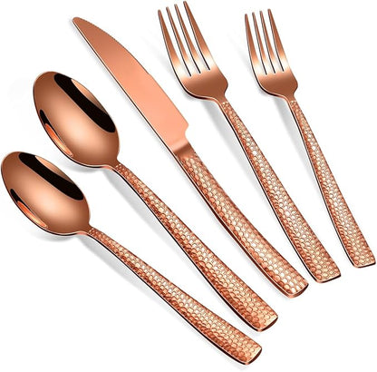 40-Piece Silverware Set, Rose Gold Hammered Stainless Steel Flatware Sets for 8, Food-Grade Tableware Set, Including Fork Knife Spoon Set, Home Kitchen Cutlery Sets, Dishwasher Safe