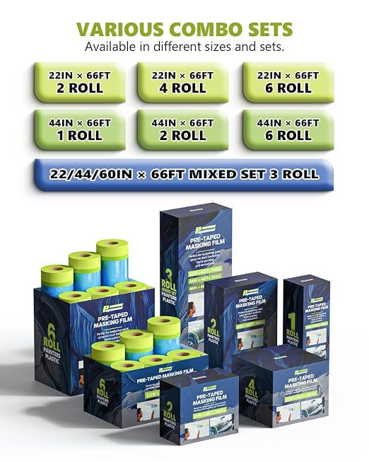 Pre-Taped Masking Film for Painting(1 Roll) - 44" x 66'Painters Plastic Sheeting with Tape and Drape, Painters Drop Cloth for Automotive & Home, Cover for Walls/Floors/Windows/Cars Protection