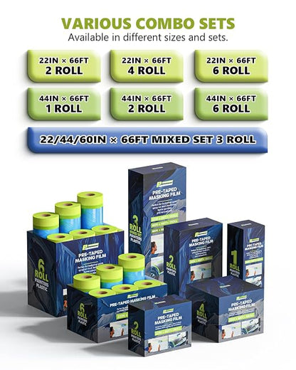 Pre-Taped Masking Film for Painting(1 Roll) - 44" x 66'Painters Plastic Sheeting with Tape and Drape, Painters Drop Cloth for Automotive & Home, Cover for Walls/Floors/Windows/Cars Protection