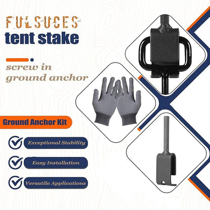 16In Tent Stakes with 12PCS Heavy Duty Adapter, Screw Ground Anchors, Tree Straightening Kit, Mobile Home Anchors (Black)