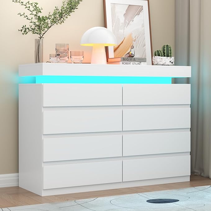8 Drawer Dresser with Power Outlet, Dresser with LED Light, Modern Chest of