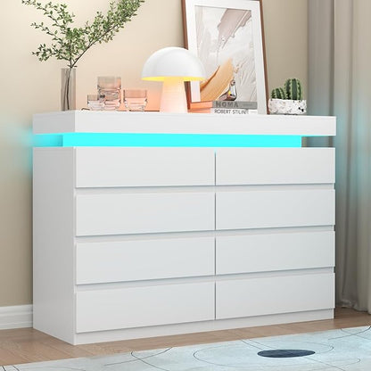 8 Drawer Dresser with Power Outlet, Dresser with LED Light, Modern Chest of