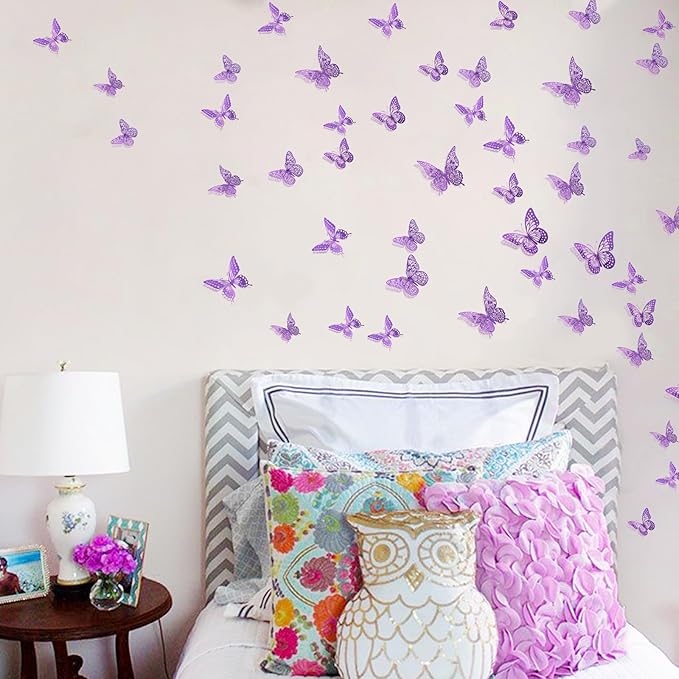 SAOROPEB 3D Butterfly Wall Decor - 48 Pcs, 4 Styles, 3 Sizes - Purple Butterfly Decorations for Birthday Parties, Removable Stickers