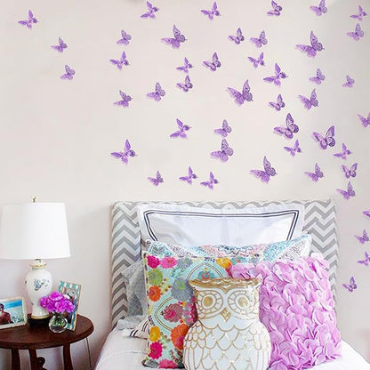 SAOROPEB 3D Butterfly Wall Decor - 48 Pcs, 4 Styles, 3 Sizes - Purple Butterfly Decorations for Birthday Parties, Removable Stickers