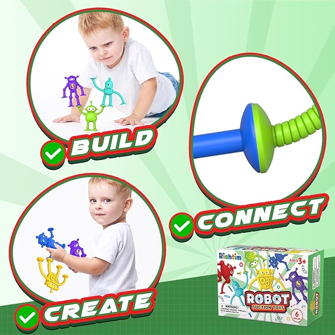 Baby Bath Toys Suction Toy: No Hole Bath Toy for Toddlers - Robot Fidget Suction Cup Toys - Window Building Sensory Toy for Boys Girls Travel Gifts - Christmas Stocking Stuffers for Kids