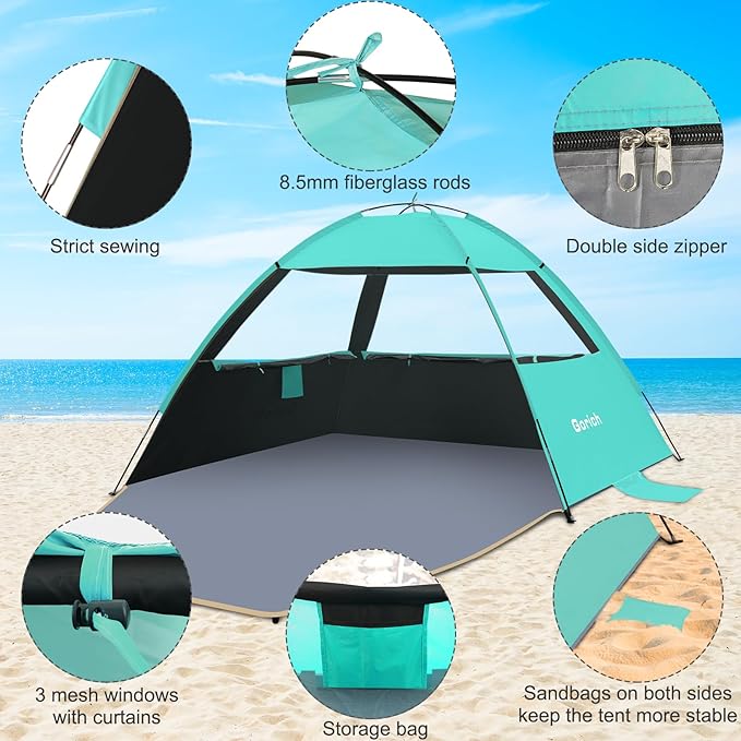 Gorich Beach Tent Sun Shelter for 3/4-5/6-7/8-10 Person with UPF 50ï¼?UV Protection, Lightweight & Easy Setup Beach Shade Canopy, Portable Beach Shade Tent Beach Cabana