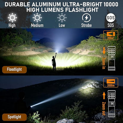 Rechargeable Flashlight 11 Modes Tactical Camping Flashlight with Red-Blue Emergency Lights, 10000 Lumens 3 in 1 Portable Camp Light with Stand, Bright LED Flashlight for Outdoor Activity
