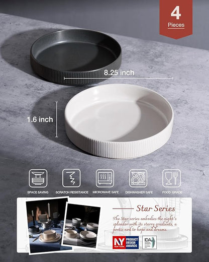 famiware Star 8.25" Pasta Bowls, Large Dinner Bowls Set of 4, Salad Bowl Plates, Shallow Bowls for Eating, Dark Charcoal & White Full Glaze Matte