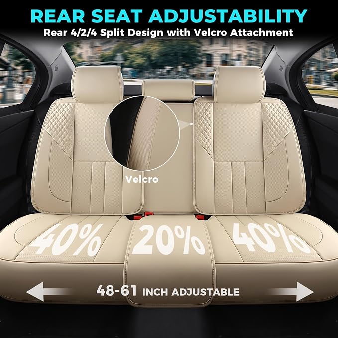 Car Seat Covers Full Set - Universal Seat Covers for Cars SUV Truck – Faux Leather Automotive Seat Covers, Breathable & Waterproof Front and Rear Seat Protectors, Fit for Most Cars-Beige