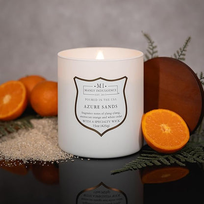 Manly Indulgence Azure Sands Scented Candles for Men, 15 oz Wooden Wick, Premium Soy Blend Wax, 60H Burn, Candles for Home Scented - Made in The USA