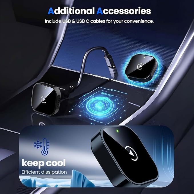 2 in 1 CarPlay Adapter for VW ID.3 2021 2022 2023 2024, CarPlay Wireless Adapter with Auto Reconnect Fast Pairing Bluetooth Connection Compact USB Dongle,B/Black-Bottom Heat Dissipation