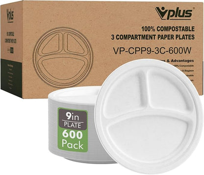 Vplus 100% Compostable Paper Plates, 600 Pack 9 Inch 3 Compartment Plates Disposable, Heavy Duty Biodegradable, Made of Sugar Cane Fibers, for Daily meals, Dinner, Parties, BBQ