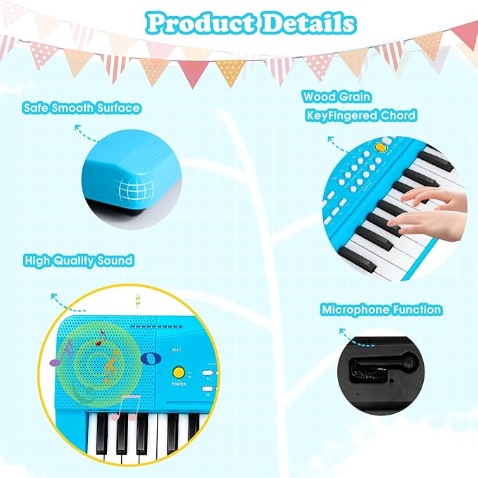 Toy Piano Keyboard for Kids Upgrade Electric Pianos Toys for 3 4 5 6 7 8 Year Old Girls Boys Beginners Keyboards with Microphone Toy for 3+ Year Old Kid Gifts (Blue)