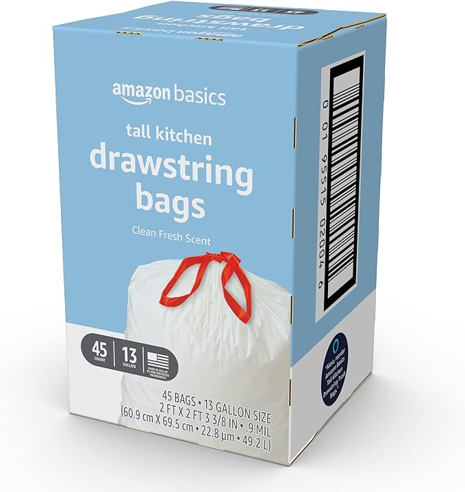 Amazon Basics Tall Kitchen Drawstring Trash Bags, Clean Fresh Scent, 13 Gallon