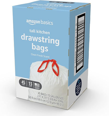 Amazon Basics Tall Kitchen Drawstring Trash Bags, Clean Fresh Scent, 13 Gallon