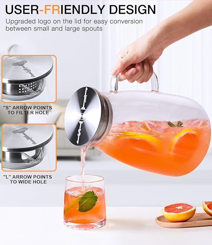 Glass Pitcher with Lid, 1 Gallon 128oz Water Pitcher with Handle and Spout