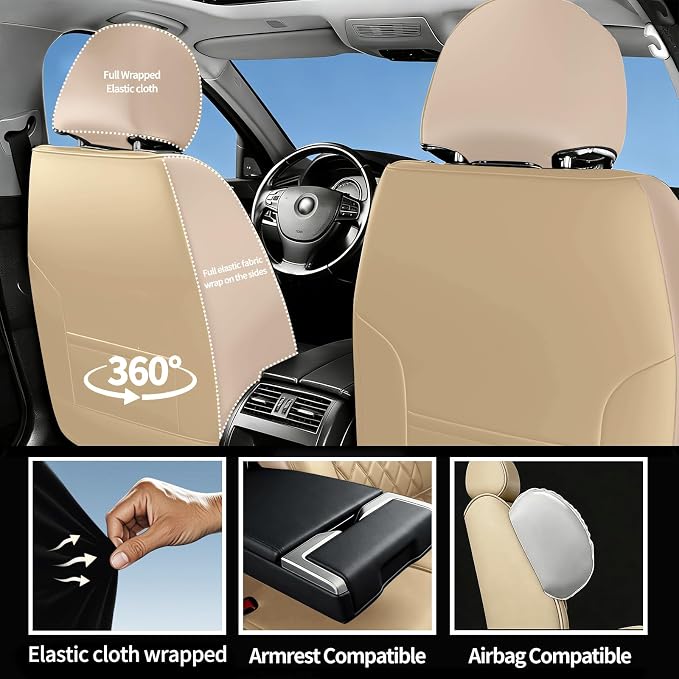 Car Seat Covers Compatible with Hyundai Kona 2018-2025 2026 - Full Set 5 Seats Luxury Leather All-Weather Seat Cushions & Protectors, Waterproof & Breathable, Airbag Compatible (Beige)