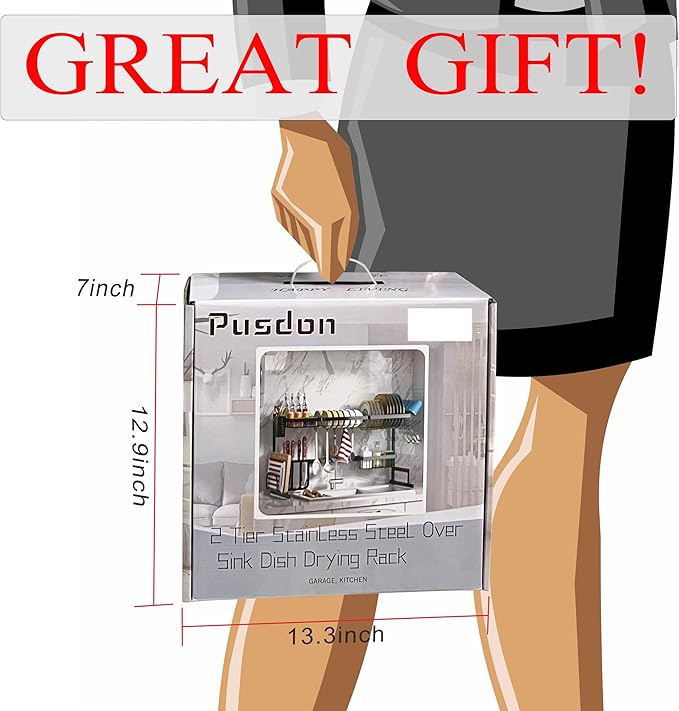 PUSDON Over Sink Dish Drying Rack Stainless Steel, Adjustable Large Dish Drainer