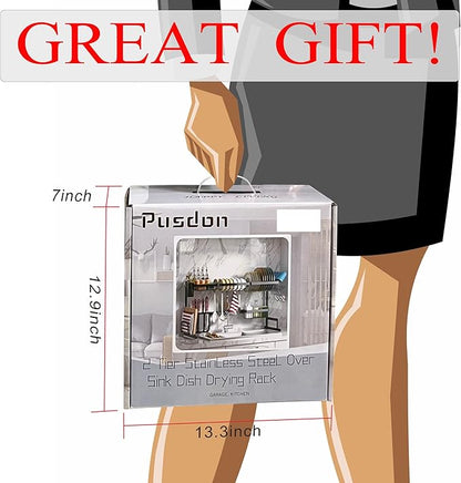 PUSDON Over Sink Dish Drying Rack Stainless Steel, Adjustable Large Dish Drainer