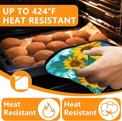 Sunflower Oven Mitts and Pot Holders Sets 4Pcs, Extra Long Oven Gloves Potholder