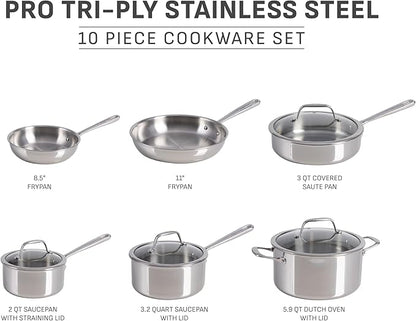 T-fal Pro Tri-Ply Stainless Steel Cookware Set, 10 Piece-Induction Compatible