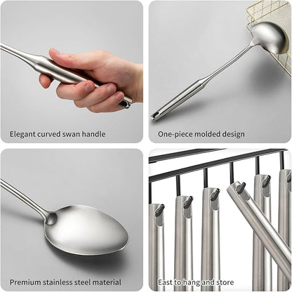 304 Stainlss Steel Kitchen Utensils Set, 11 Pcs Long Metal Cooking Utensil Gadgets Tools Set with Spatula, Ladle, Spoon, Ladle, Skimmer, Tunner, Pasta Server, Tongs(Silver, Dishwasher Safe)