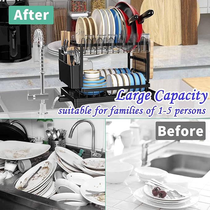 XLMYS Dish Drying Rack, 2 Tier Large Dish Drying Rack