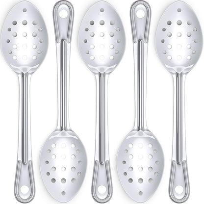 Super Strong, Ergonomic 11 in Serving Spoon 5 Pk. Big, Perforated Stainless Steel Spoons for Cooking, Baking and Basting. Best Kitchen Flatware for Buffet and Banquet Service in Restaurants and Homes