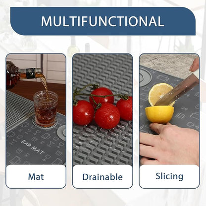 Foldable Bar Mat 18x12 inch - 3-in-1 Silicone Drying Mat with Removable Cutting Board & Rim Tray | Countertop Protector for Home, Outdoor, Travel | Professional Cocktail Accessories (gray)
