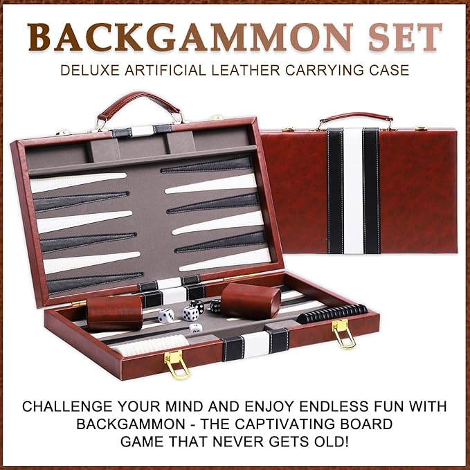 Backgammon Sets for Adults, 15 inch Backgammon Brown Sets Classic Board Game with Premium Leather Case, Portable Travels Strategy Backgammon Game Set for Adults, Kids (Brown)