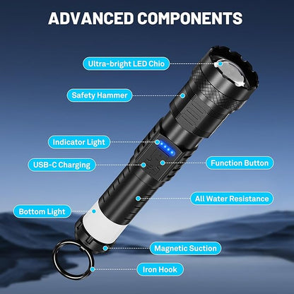 Rechargeable Flashlight High Lumens - 3000 Lumens Waterproof Police Flashlight, Zoomable Beam LED Flash Light with 8 Modes and SOS for Emergencies, Home, Camping, Hiking, Pet Walking(Black)