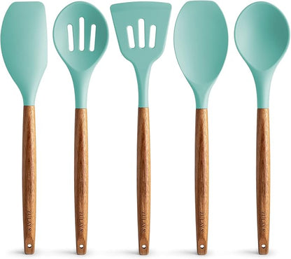 Zulay Kitchen Non-Stick Cooking Utensils Set with Authentic Acacia Wood Handles – 5-Piece Durable & Stylish Silicone Kitchen Utensils Set – Heat Resistant to 464°F – Aqua