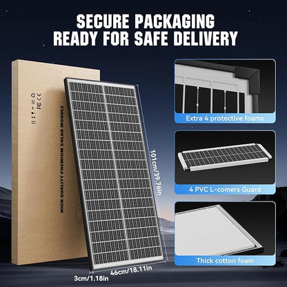 100 Watt Bifacial Solar Panel, 18BB Monocrystalline High Efficiency Module, Dual-Sided 12V/24V for RV, Boat, Cabin, Camping, Off-Grid Systems