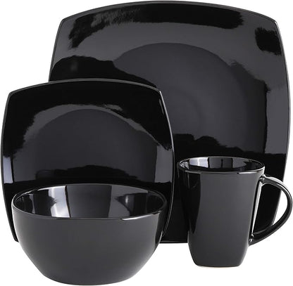 Gibson Elite Soho Lounge Square Reactive Glaze Stoneware Dinnerware Set, Service for 4 (16pc), Black