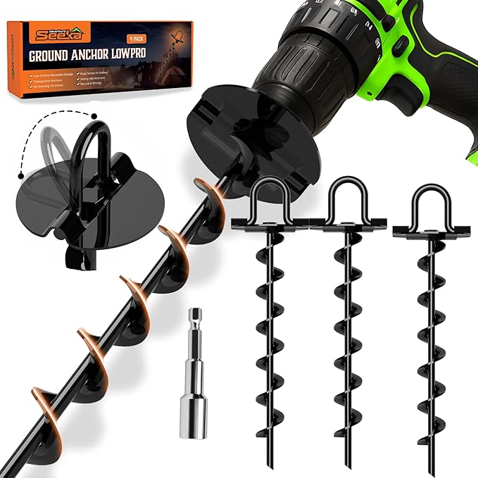 Ground Anchors Low Profile, 4 Pack Heavy Duty, Ground Anchors Screw in, Swing Set Anchors, Trampoline Anchors High Wind, Tent Stakes, Car Ports, Canopies.