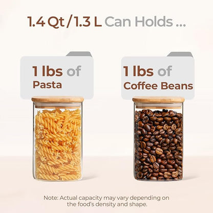 ComSaf 1.4 Qt Glass Storage Containers with Lids, Glass Jars with Lids, Clear Food Storage Jar, Square Canister Set of 3, Pantry Organizers and Storage for Flour Oat Pasta Tea Cookie Coffee Bean