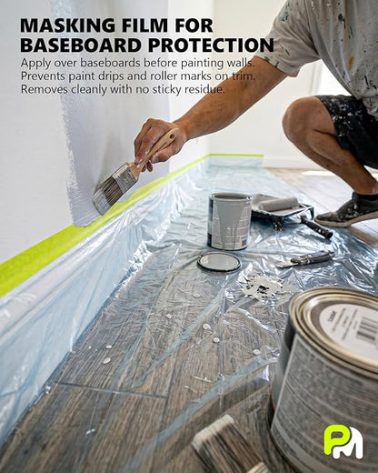 Pre-Taped Masking Film for Painting(1 Roll) - 44" x 66'Painters Plastic Sheeting with Tape and Drape, Painters Drop Cloth for Automotive & Home, Cover for Walls/Floors/Windows/Cars Protection