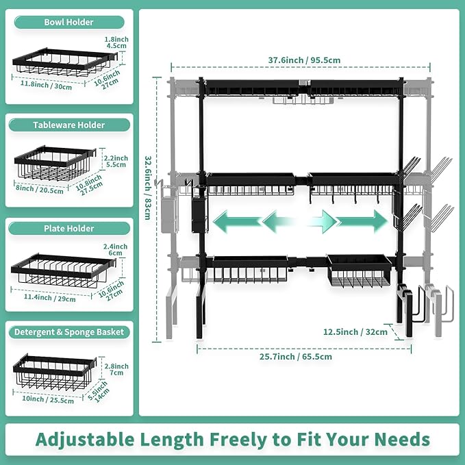 Over The Sink Dish Drying Rack, Expandable Length 3-Tier Large Stainless Steel