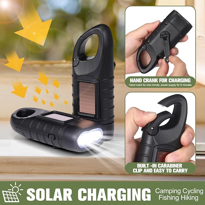 Leelosp 9 Pieces Hand Crank Flashlight Solar Powered Flashlight for Emergencies Dynamo Rechargeable LED Survival Light for Outdoor Sports Hiking Camping(Green,Black)