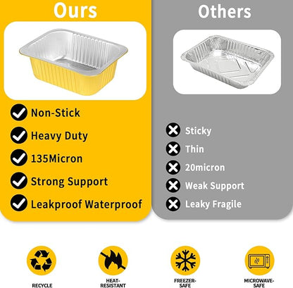 40 Pack 7.2"×5"×1.8" Gold Aluminum Foil Pans with Lids Heavy Duty, 1.5 LB Foil Food Containers with Lids, Disposable Tin Foil Pans for Baking, Meal Prep, Freezer, Heating and Takeout