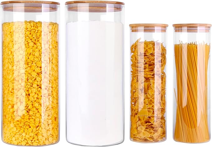 Glass Food Storage Jars, Food Containers with Airtight Bamboo Lids for Pasta, Cookies, Nuts, Coffee Beans, Cereal, Glass Canisters for Kitchen, Pantry Organization,Set of 4
