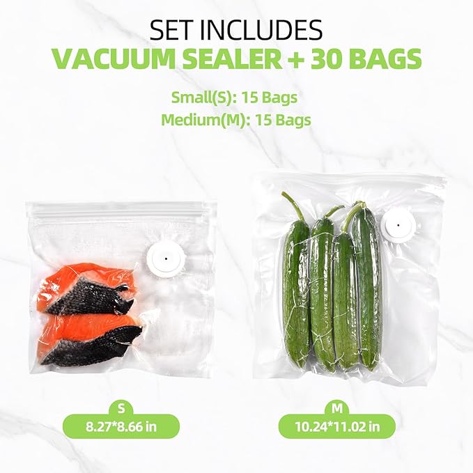 Vacuum Sealer for Food, with 15 Reusable Vacuum Bags, Handheld Vacuum Sealer with Auto-Stop、Detachable Filter and Visible Water Tank, Seal Meal Saver
